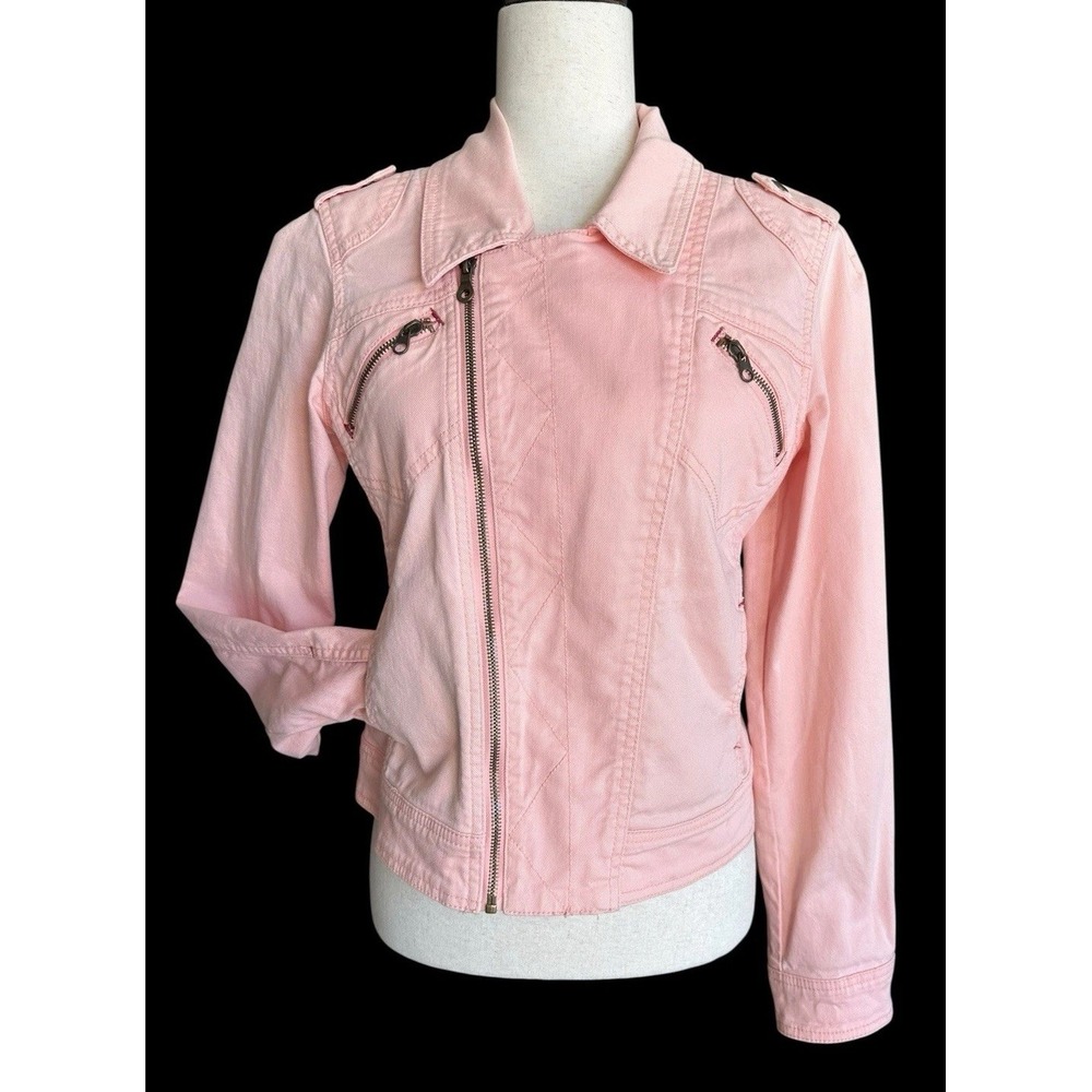 Sanctuary Motto Denim Jacket Size Small Light Coral Pink‎ Zippers Girlie Cool